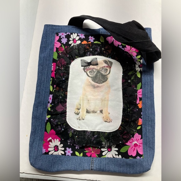 Handmade Upcycled Women’s Tote/Shoulder Bag, Denim, Chic Pup - Picture 3 of 4